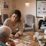 Animateur ehpad aidant un atelier en EHPAD, lien social en douceur