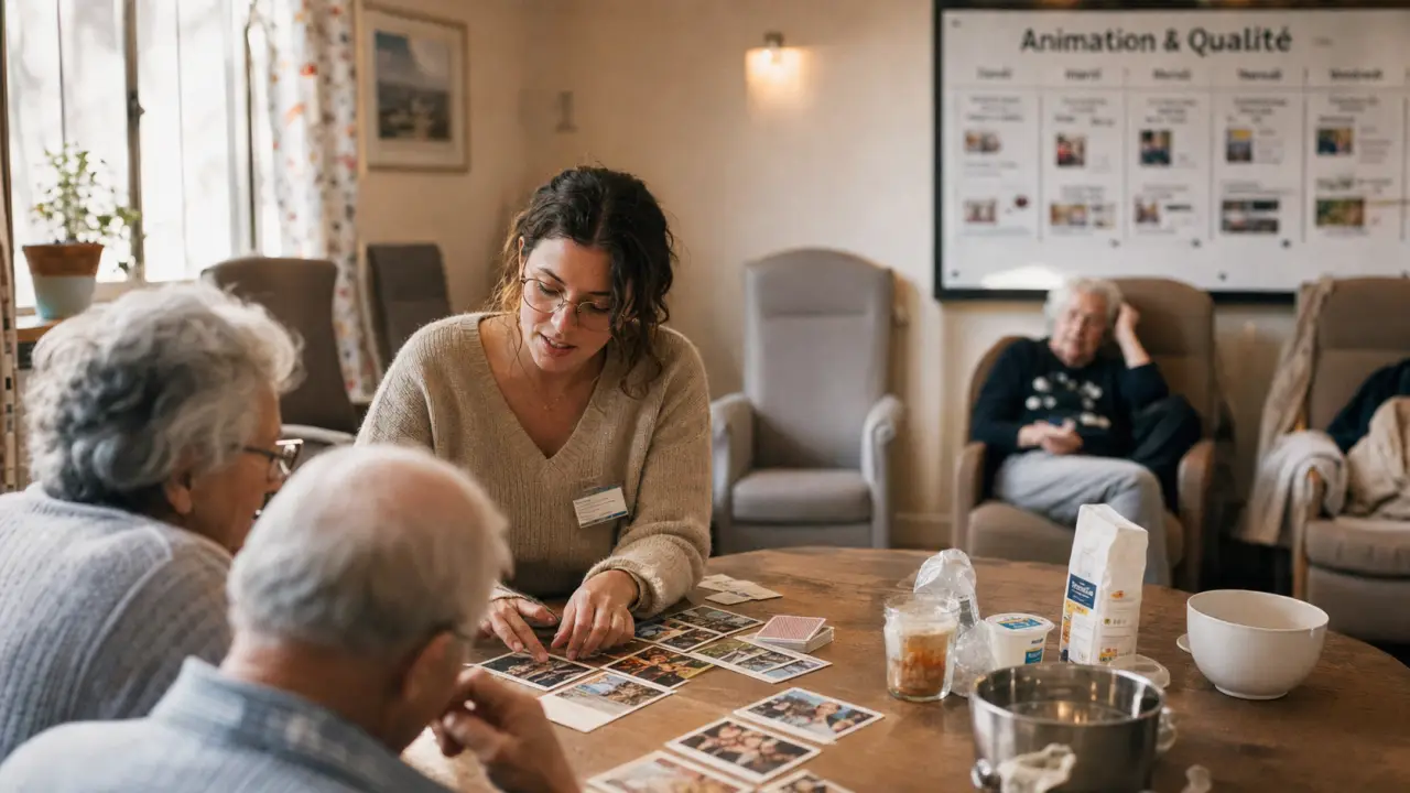 Animateur ehpad aidant un atelier en EHPAD, lien social en douceur