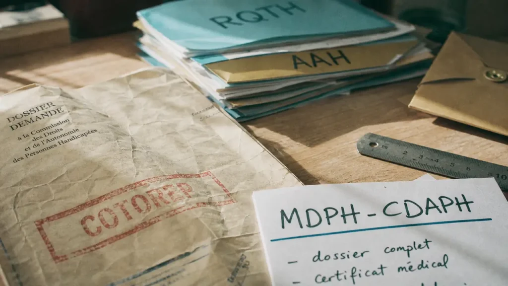 Définition cotorep : dossiers RQTH et AAH MDPH-CDAPH sur un bureau