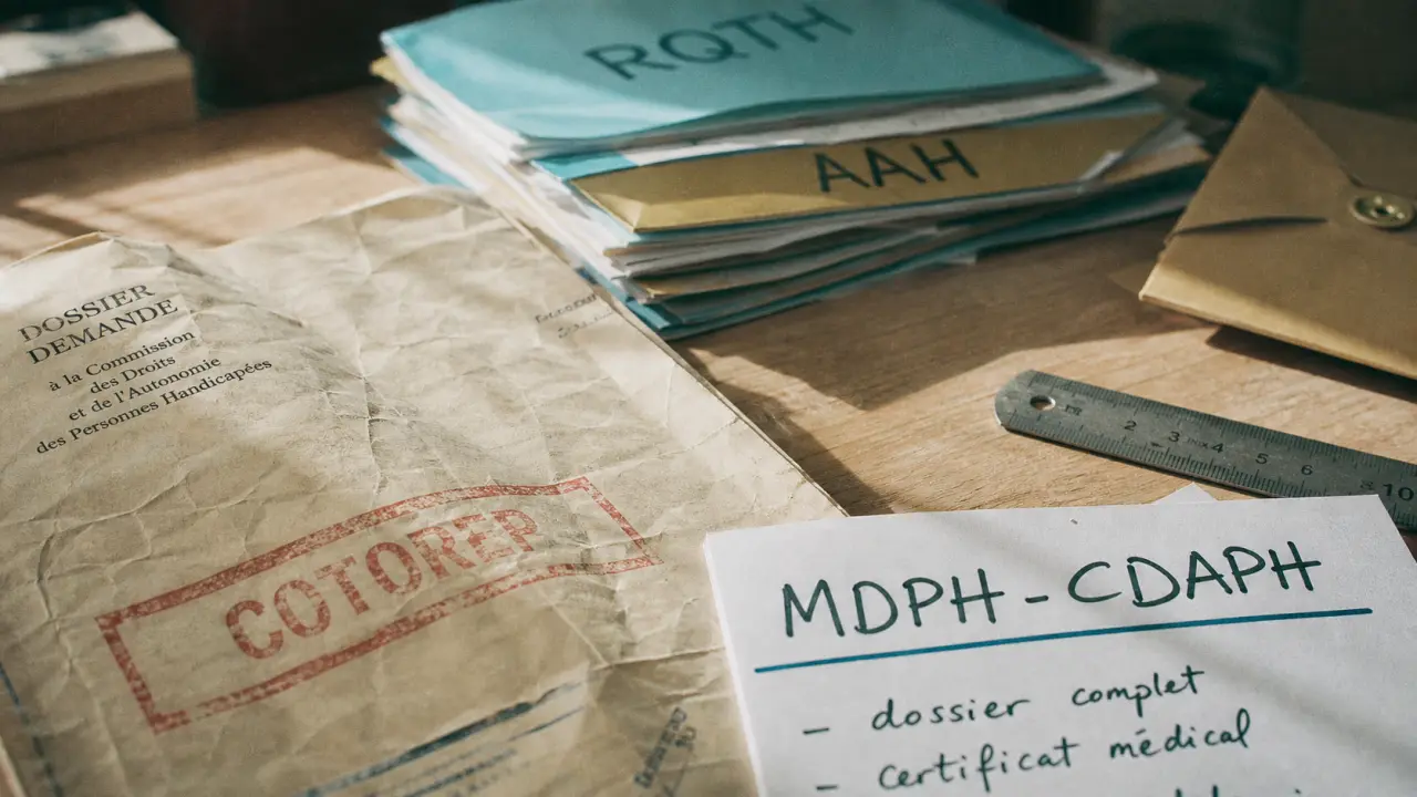 Définition cotorep : dossiers RQTH et AAH MDPH-CDAPH sur un bureau