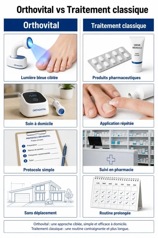 Comparatif entre l'appareil Orthovital et les traitements classiques pour la mycose des ongles