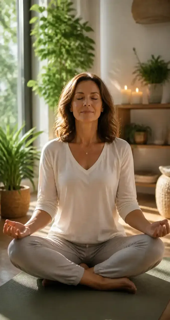 Femme pratiquant la méditation dans un intérieur calme
