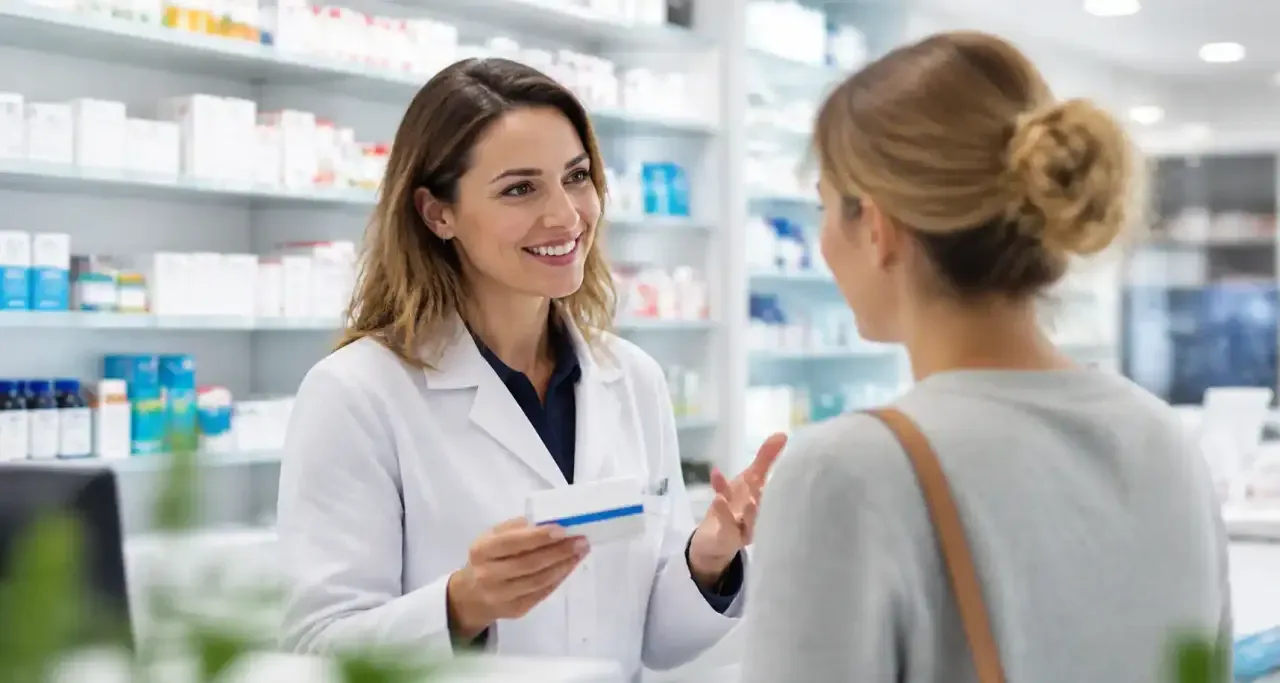 Un pharmacien conseille une cliente au comptoir d'une officine moderne