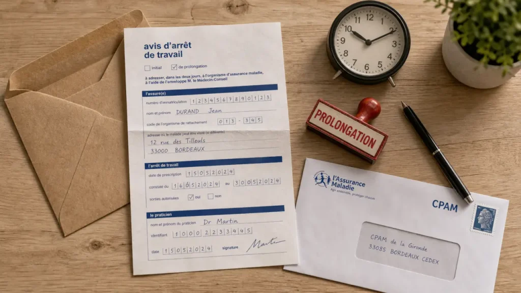 Prolongation arrêt de travail médecin absent : documents, délais et CPAM
