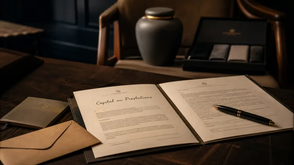 AÉSIO prévoyance obsèques : choix capital ou prestations, documents contractuels et urne
