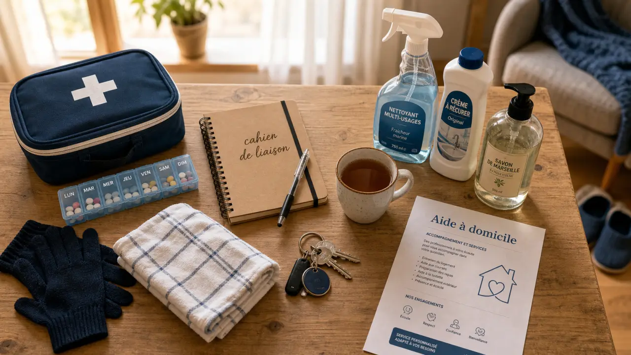 Aide a domicile personne agee : trousse de secours, pilulier et clés
