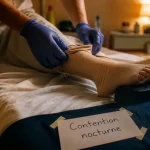 Bas de contention après opération la nuit, sur lit médical, confort et sécurité