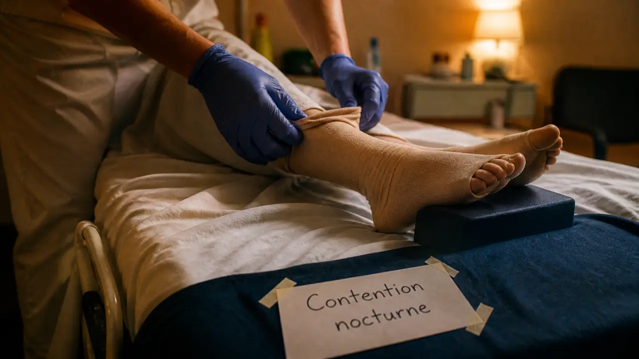 Bas de contention après opération la nuit, sur lit médical, confort et sécurité