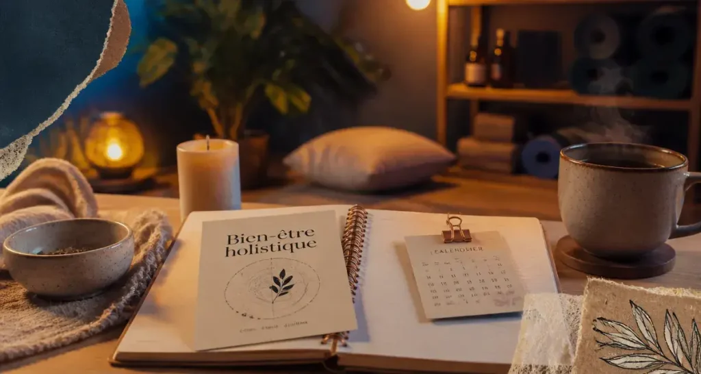Bien-être holistique : carnet, méditation et bougie sur bois clair