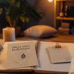 Bien-être holistique : carnet, méditation et bougie sur bois clair
