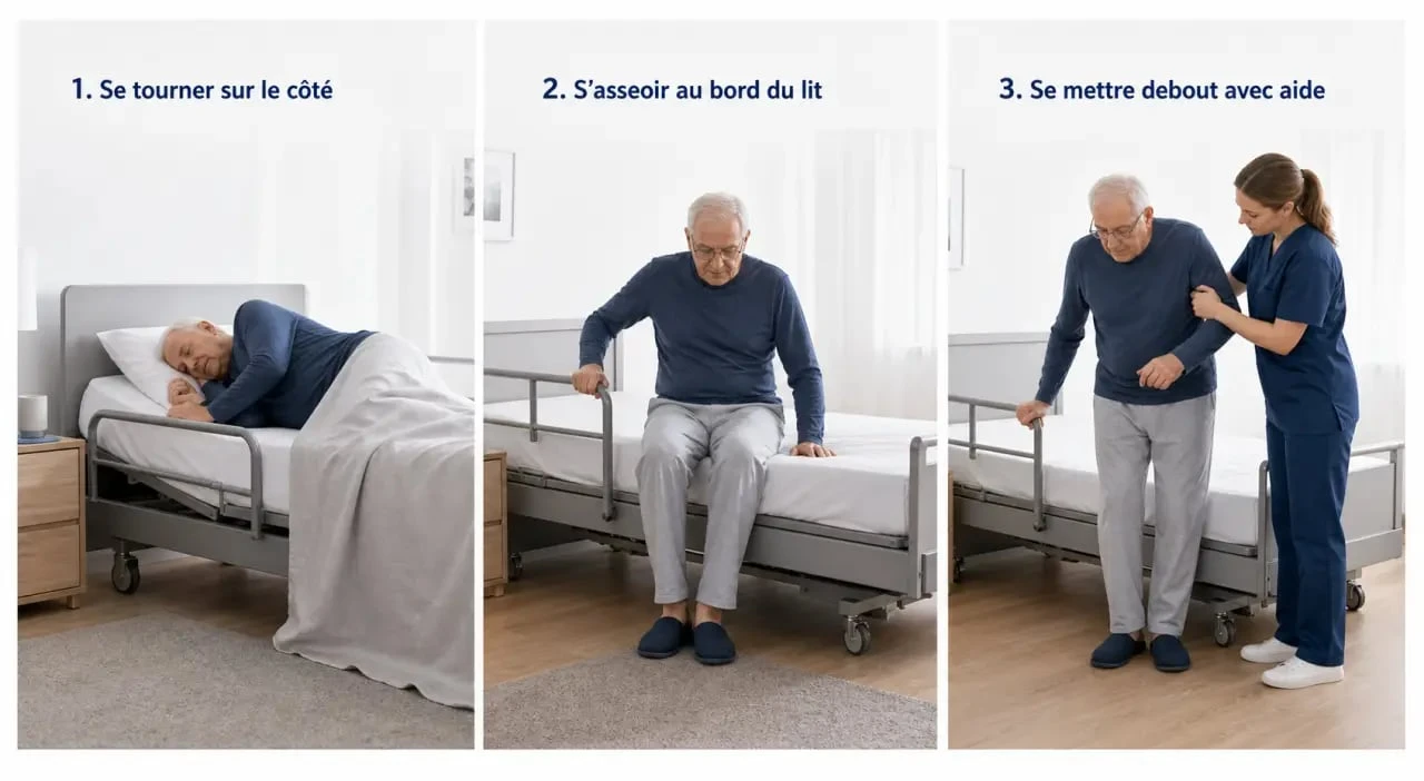 Aide lever coucher : séquence de transfert sécurisé du lit à la position debout avec l’aide d’un accompagnant