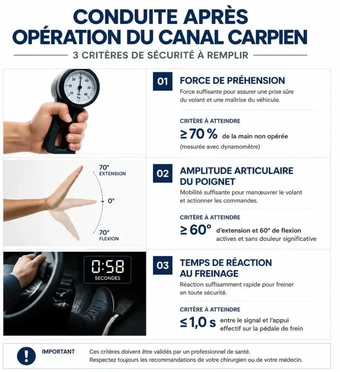 Infographie des critères de sécurité pour la conduite après une opération du canal carpien