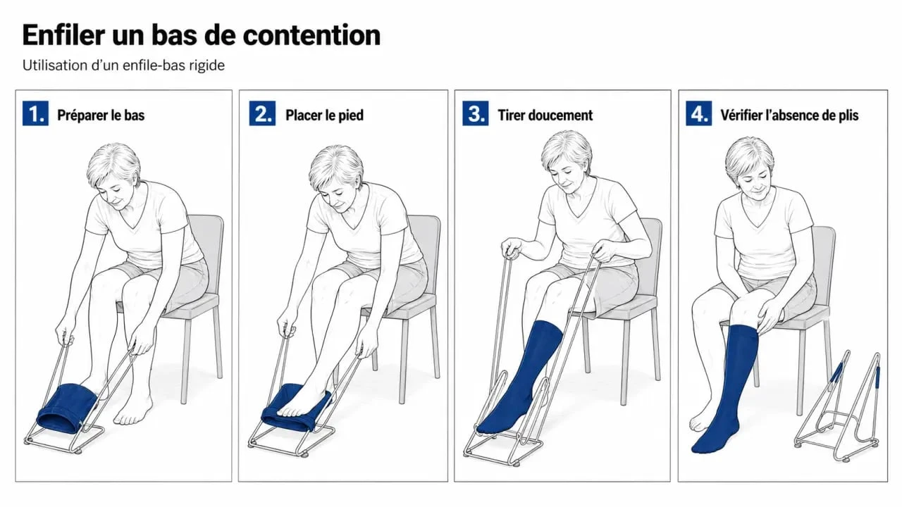 Chausse bas de contention : schéma de l’enfilage étape par étape avec un enfile-bas rigide