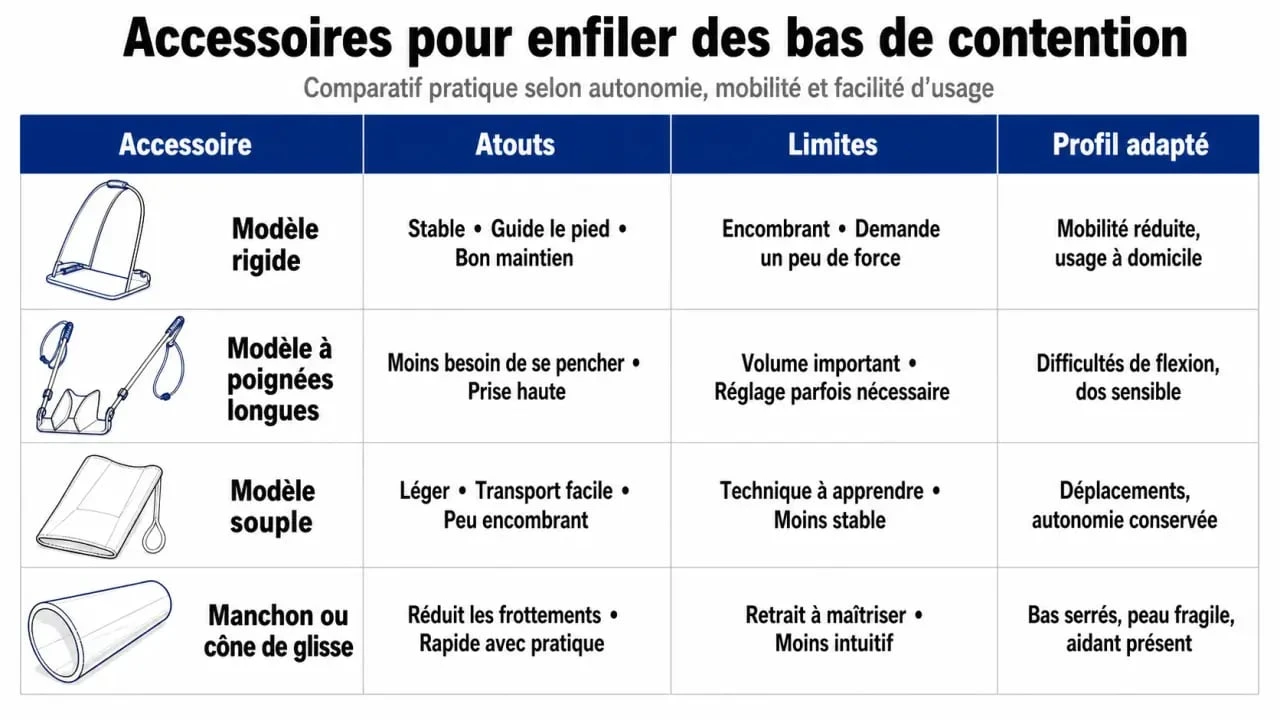 Chausse bas de contention : tableau visuel comparant les modèles rigides, souples et à poignées longues
