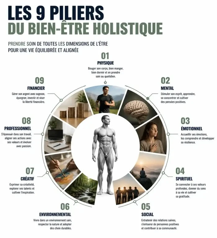 Infographie des 9 piliers du bien-être holistique pour un équilibre global