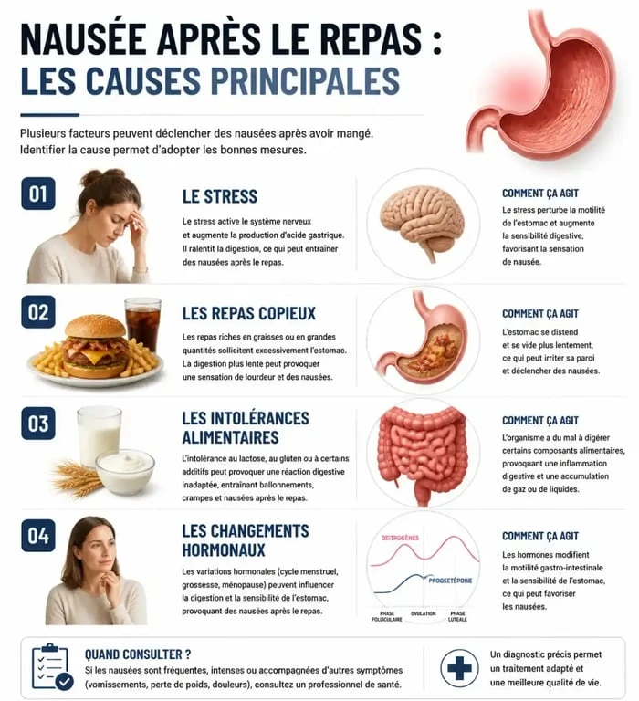 Infographie des causes de la nausée après avoir manger : stress, repas copieux, intolérances et hormones.
