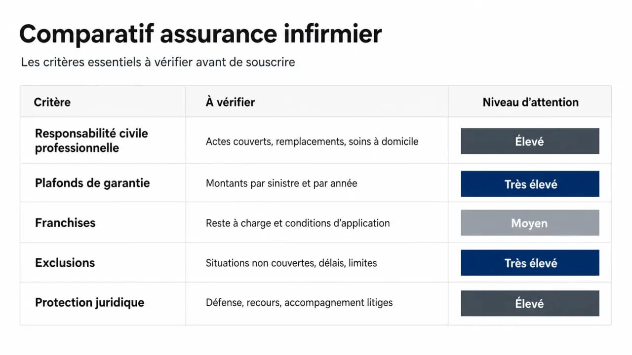 Comparatif assurance infirmier : critères clés à vérifier entre RCP, plafonds, franchises et exclusions