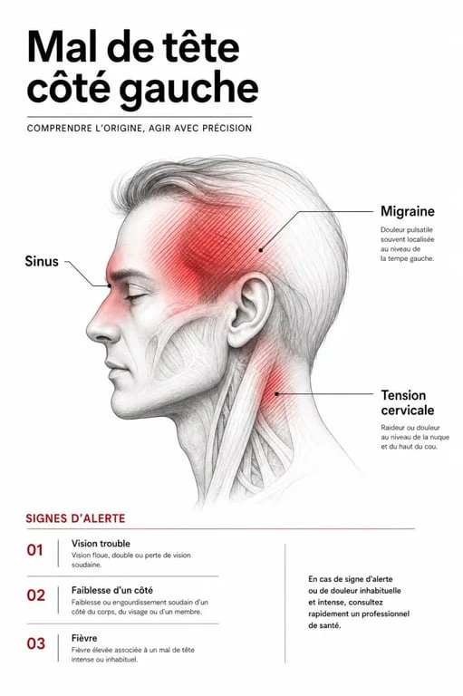 Mal de tête côté gauche signification : schéma des causes fréquentes et des signes d’alerte