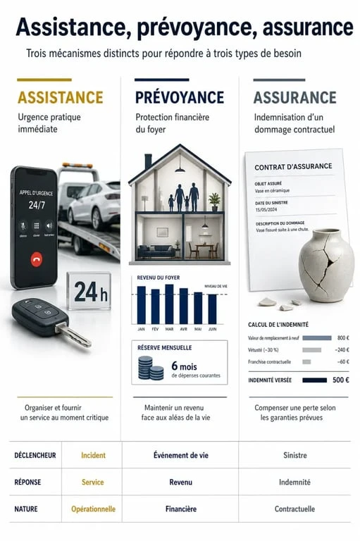 Assistance et prevoyance : illustration comparative des rôles, garanties et situations d’urgence
