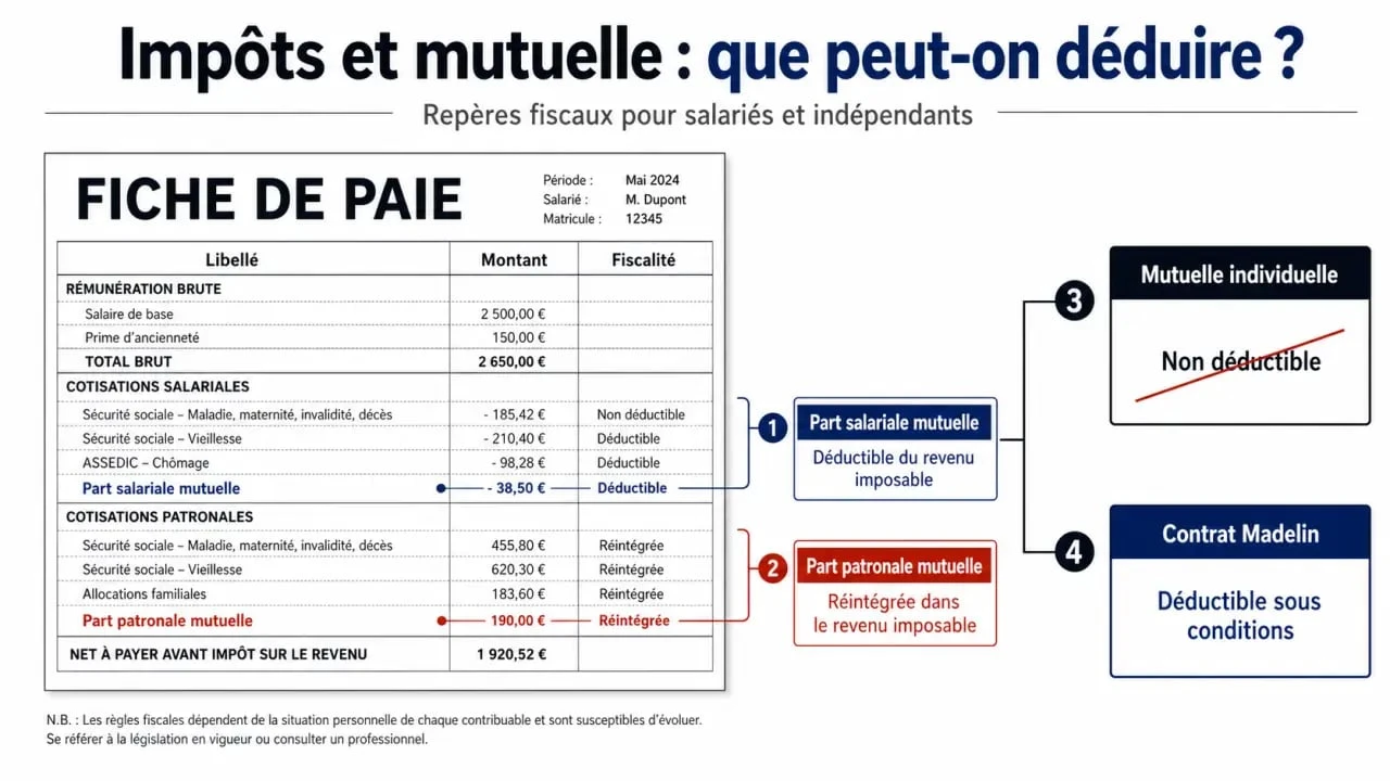 Impots mutuelle : schéma de lecture d’une fiche de paie avec part salariale, part patronale et déduction fiscale
