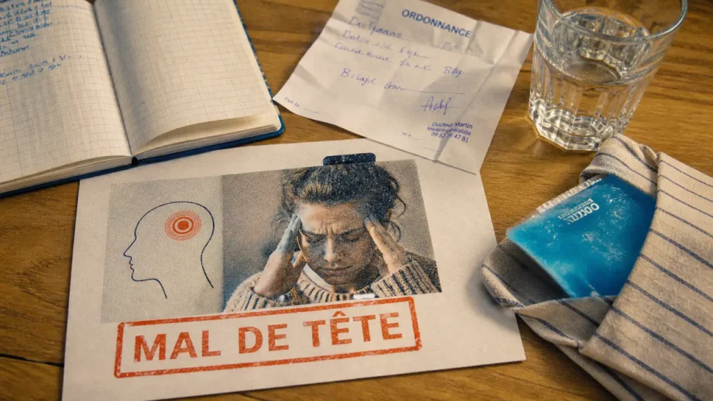 Mal de tête côté gauche signification, carnet et gel froid près d’une ordonnance