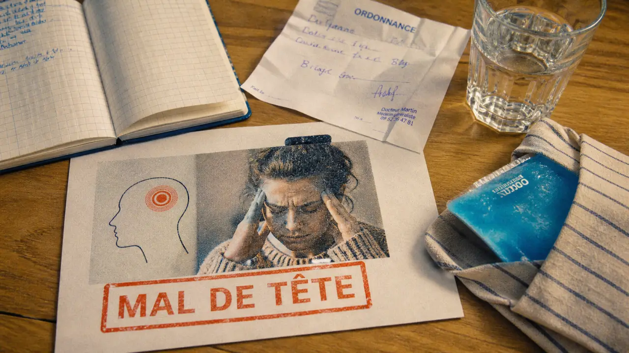 Mal de tête côté gauche signification, carnet et gel froid près d’une ordonnance