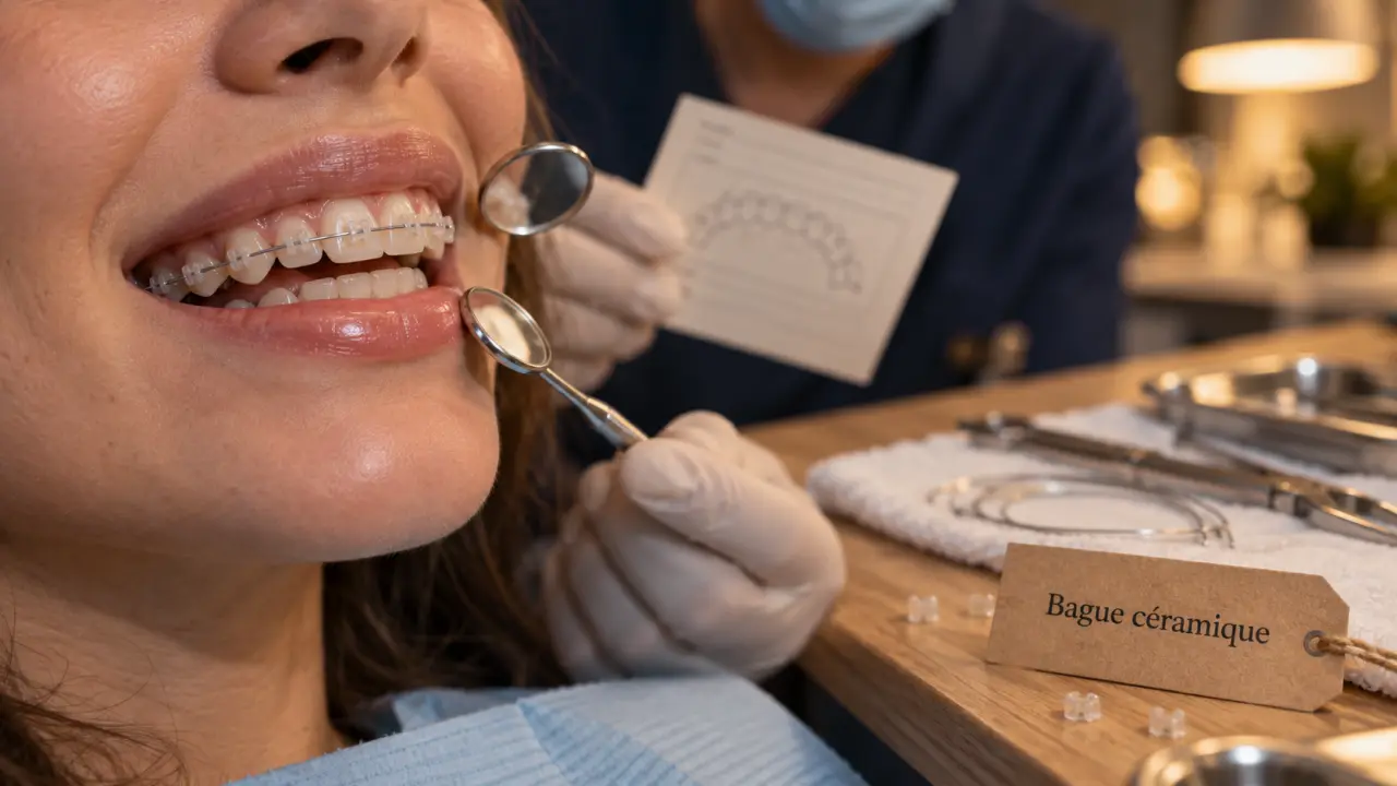 Bague ceramique orthodontie : vue sourire, bague céramique sur dents