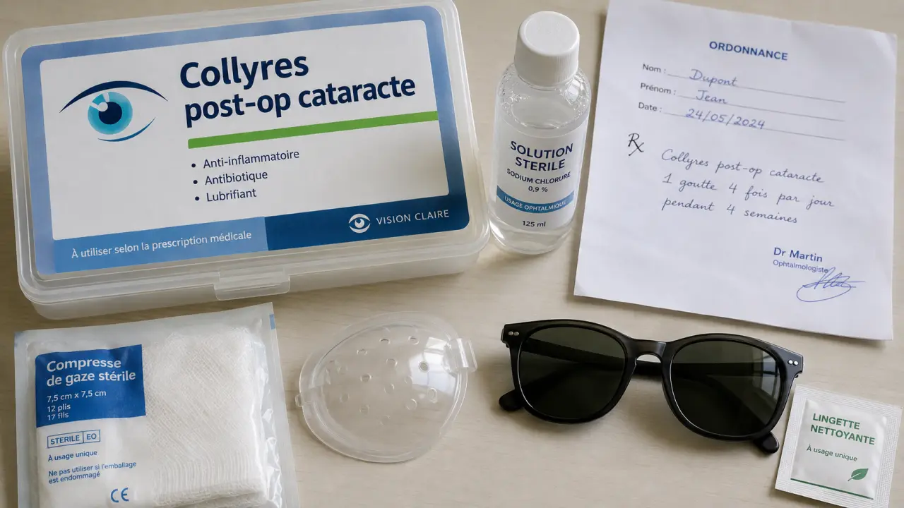 cataracte opération suite : kit post-op avec collyres, lunettes et signes d’alerte