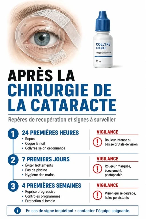 cataracte opération suite : chronologie de récupération, collyres, protection nocturne et signes d’alerte après chirurgie
