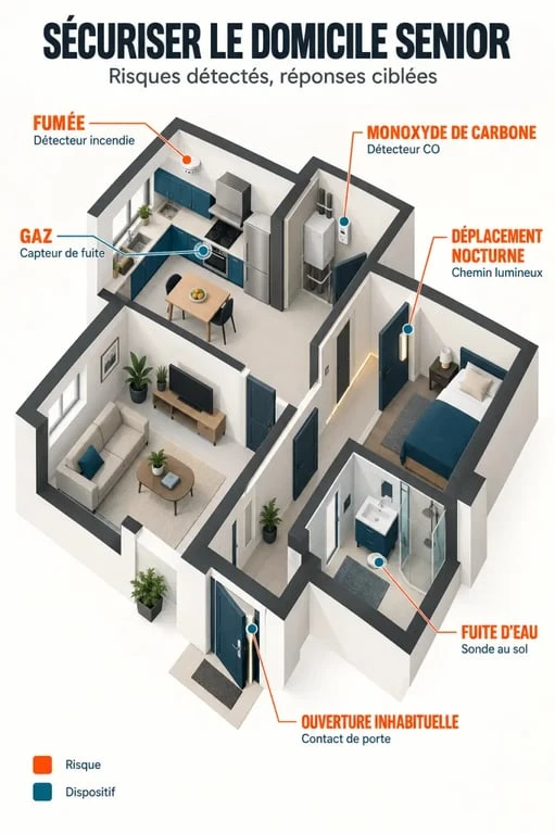 Infographie des détecteurs et équipements complémentaires à Vitaris téléassistance pour sécuriser le domicile