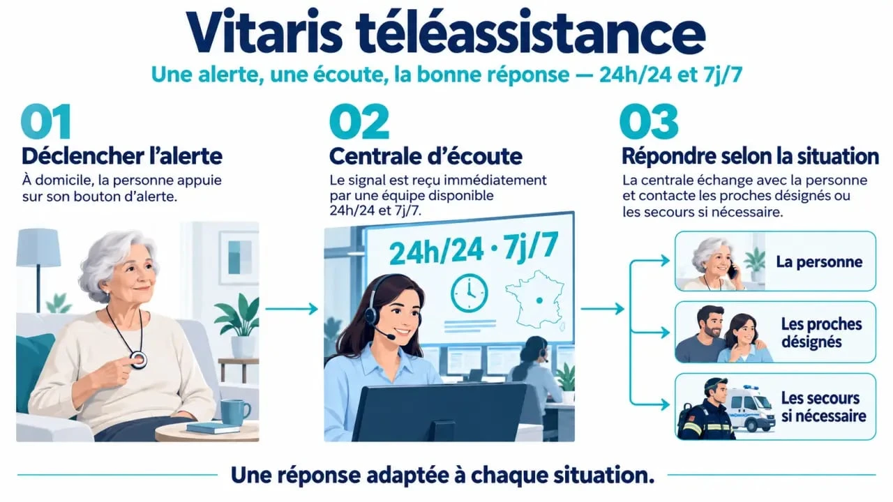 Schéma du fonctionnement de Vitaris téléassistance entre le domicile, la centrale d’écoute et les proches