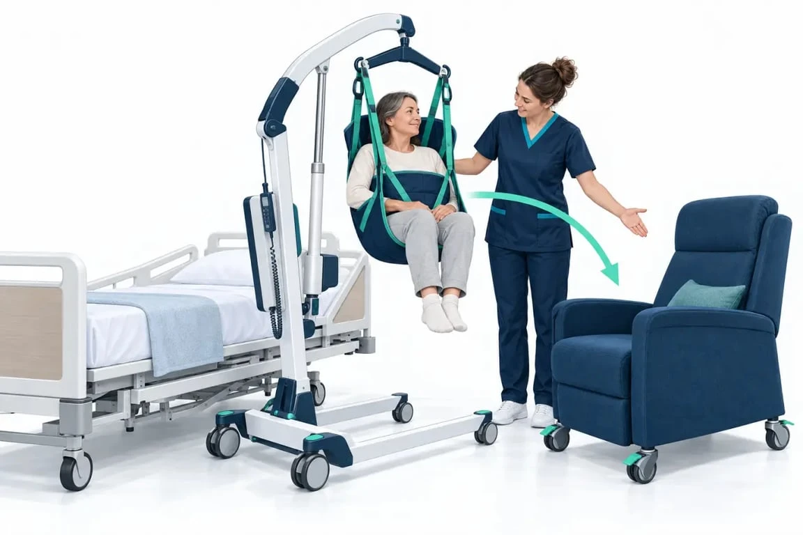 Leve personnes : transfert sécurisé du lit vers un fauteuil avec un lève-personne mobile