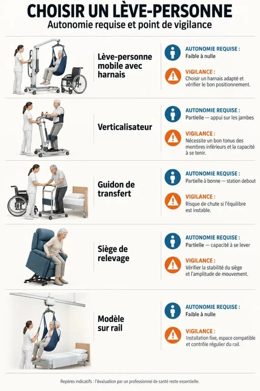 Leve personnes : infographie des différents types de lève-personnes et de leurs usages