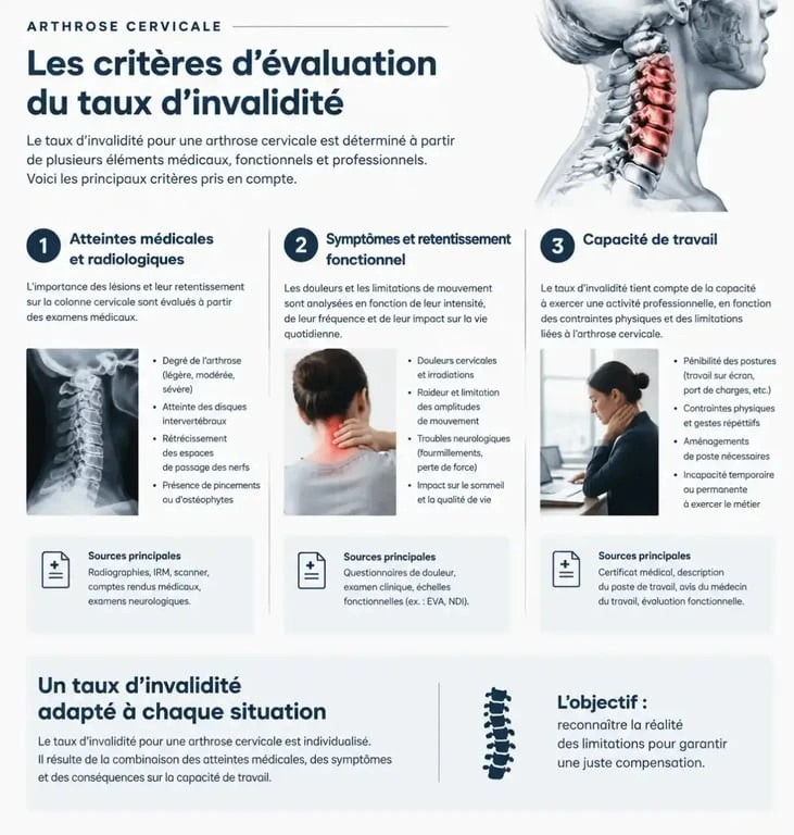 Infographie sur les critères de reconnaissance du taux invalidité arthrose cervicale par la CPAM