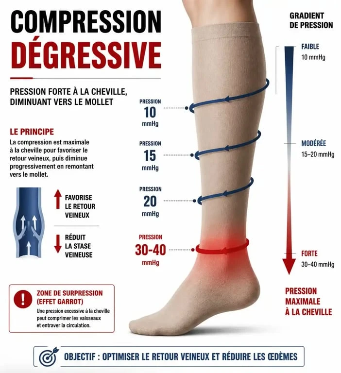 Schéma de la compression dégressive et risques liés aux bas de contention trop serrés