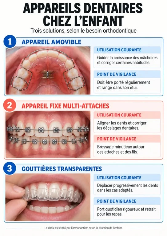 Infographie des types d’appareil dentaire enfant et de leurs points de vigilance