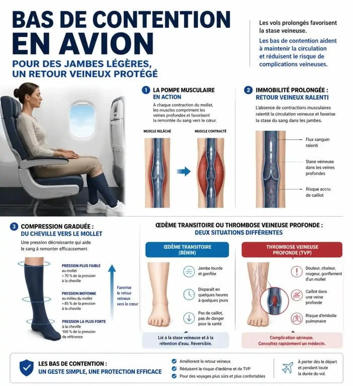 Infographie expliquant les bas de contention en avion, la pompe du mollet et la compression graduée