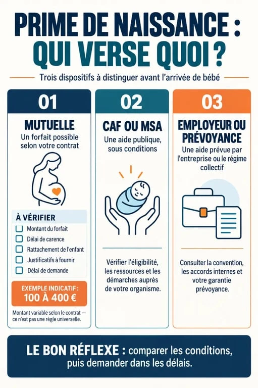 Infographie sur la mutuelle prime de naissance, les conditions, le délai de carence et les démarches