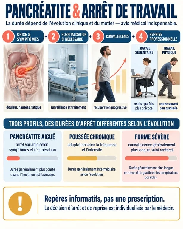 Infographie sur la durée arrêt de travail pancréatite selon la gravité et le type de poste