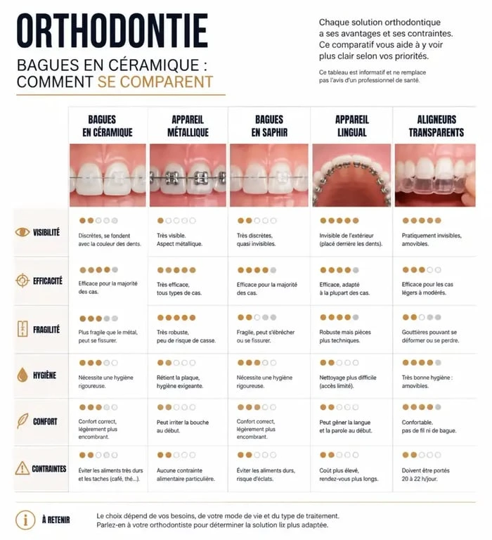 Infographie comparative sur la bague céramique orthodontie et les autres solutions d'alignement dentaire