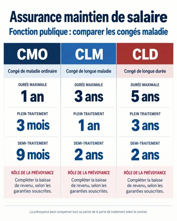 Infographie sur l’assurance maintien de salaire fonctionnaire et les congés CMO CLM CLD