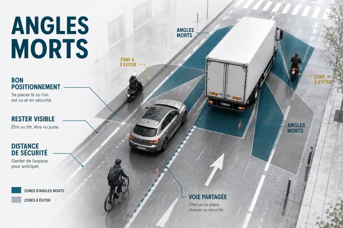 Prévenir les risques de traumatismes liés aux accidents de deux-roues : schéma des angles morts et du bon positionnement sur la chaussée