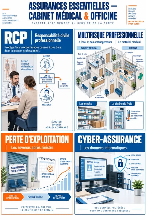 Infographie sur aménager son cabinet médical ou officine : les assurances indispensables