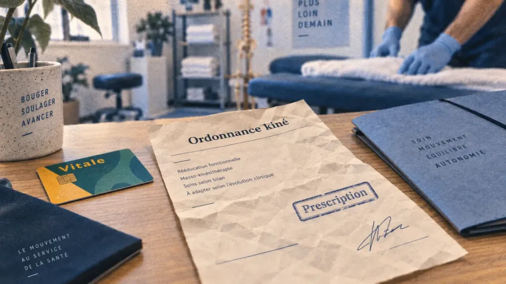 Ordonnance kine sur bureau avec tampon et signature