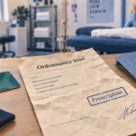 Ordonnance kine sur bureau avec tampon et signature