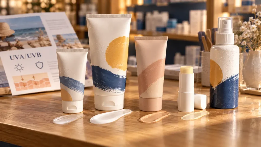 Crème solaire pharmacie : fluide visage, lait corps, crème teintée sur comptoir