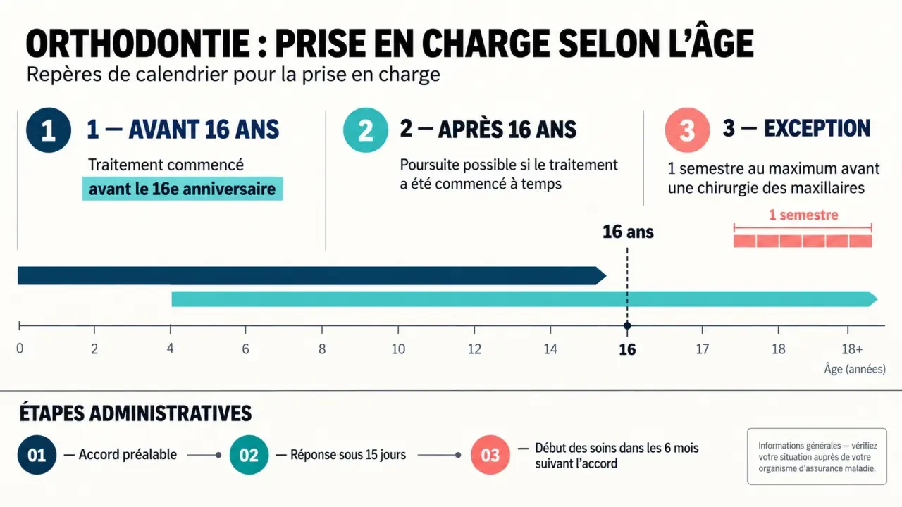 Prise en charge orthodontie jusqu'à quel âge : infographie sur la limite de 16 ans et l'exception chirurgicale