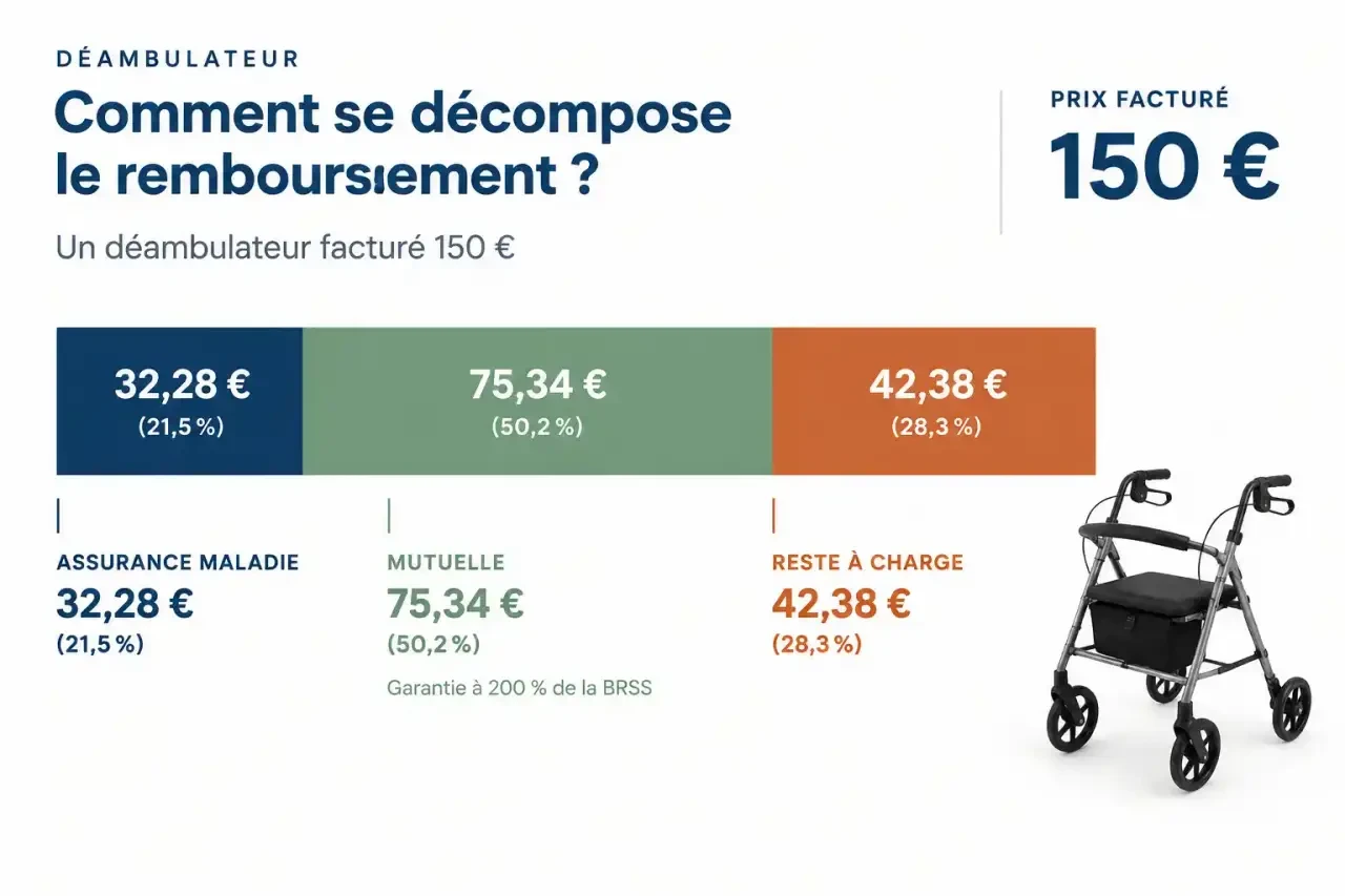 Schéma du remboursement déambulateur mutuelle : part de l'Assurance Maladie, part de la mutuelle et reste à charge sur un appareil à 150 €