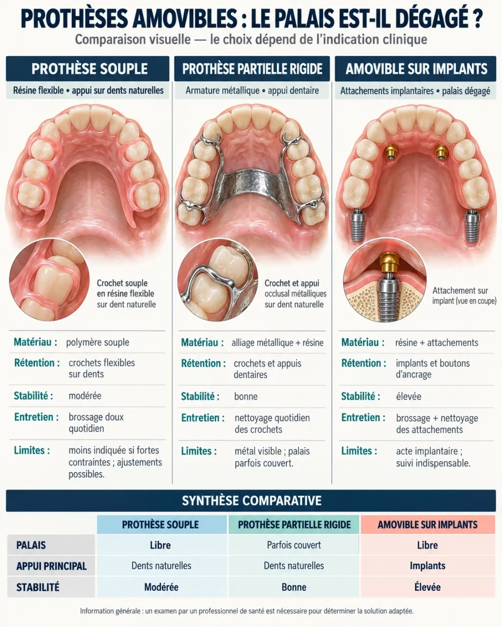 Infographie comparative d’un dentier flexible sans palais, d’un stellite et d’une prothèse sur implants