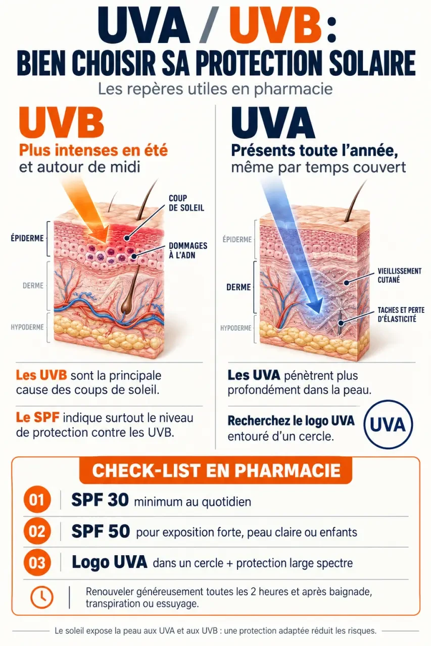Infographie sur la crème solaire pharmacie et la différence entre les rayons UVA et UVB